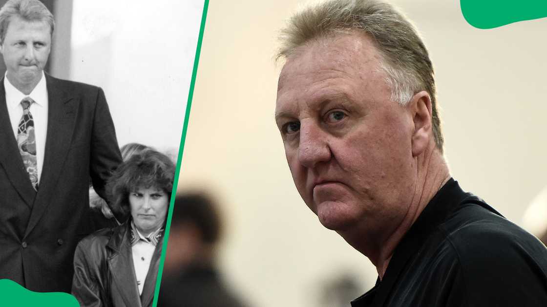 Larry Bird and Dinah Mattingly at Bob Woolf's funeral