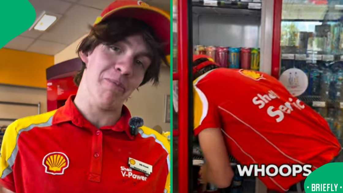 The screenshot on the right showed the petrol attendant taking a drink out of a fridge The screenshot on the right showed the petrol attendant taking a drink out of a fridge