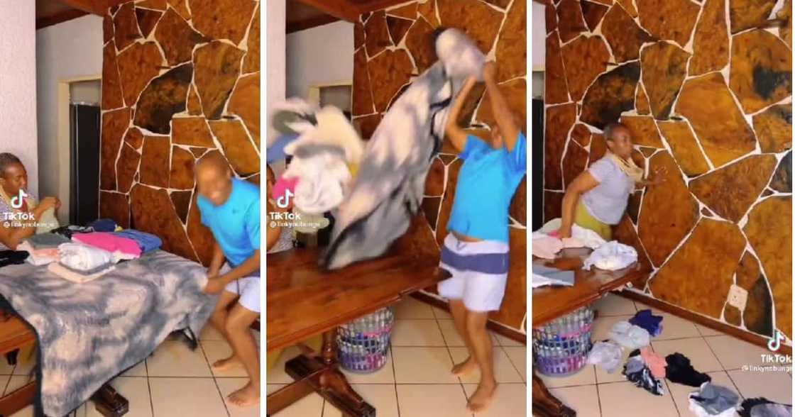 A gent flipped his wife's folded laundry. A gent flipped his wife's folded laundry.