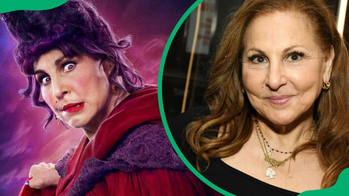 Kathy Najimy as Mary Sanderson (L). The actress at the New York premiere of Ezra in 2024 (R)