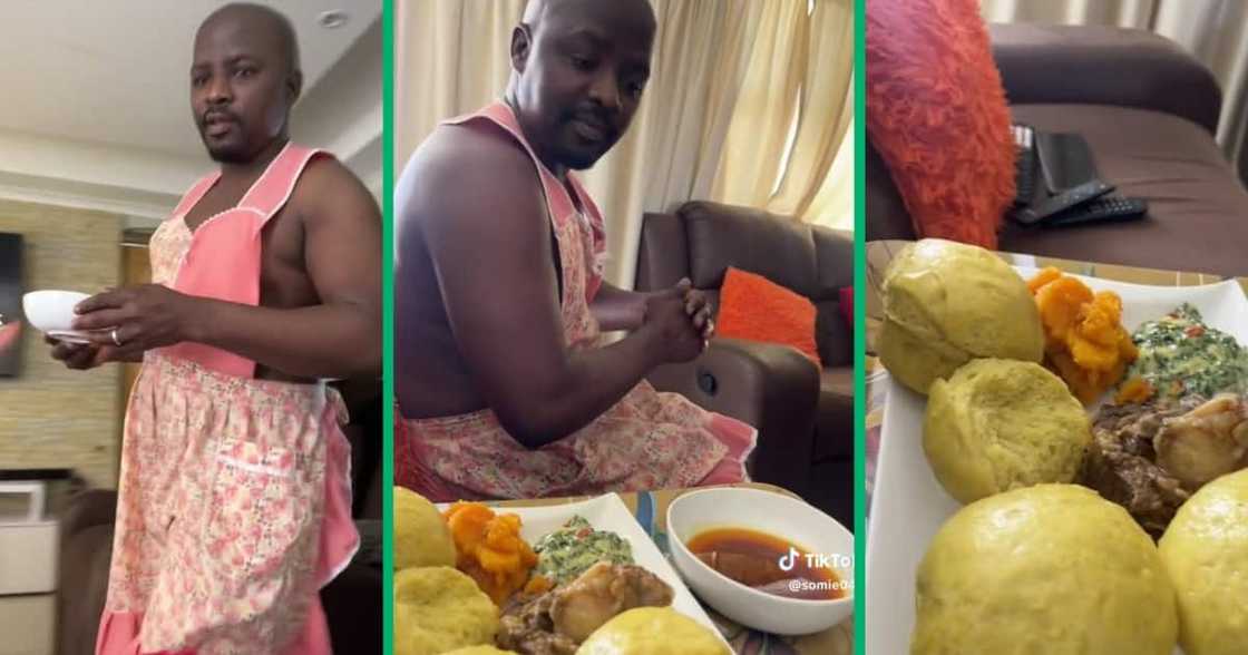 Husband wearing apron served his wife food Husband wearing apron served his wife food