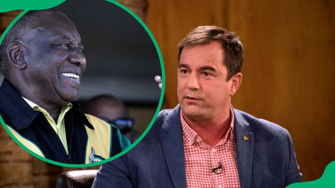 Cyril Ramaphosa (L) and John Steenhuisen (R) in 2019 Cyril Ramaphosa (L) and John Steenhuisen (R) in 2019