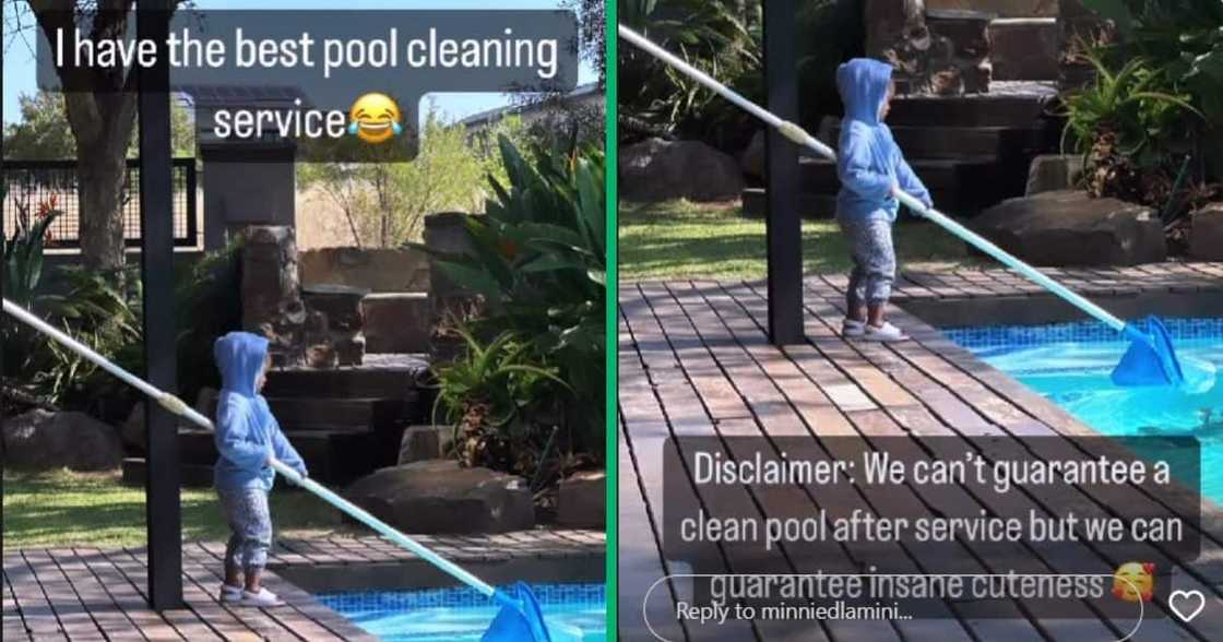 Minnie Dlamini and Quinton Jones son, Netha Jones, cleaning their family's pool.