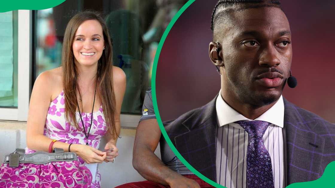 Rebecca Liddicoat sits with Robert Griffin III after the 4th day of training camp at Redskins Park in Ashburn VA and Robert Griffin III during the NFL game at State Farm Stadium