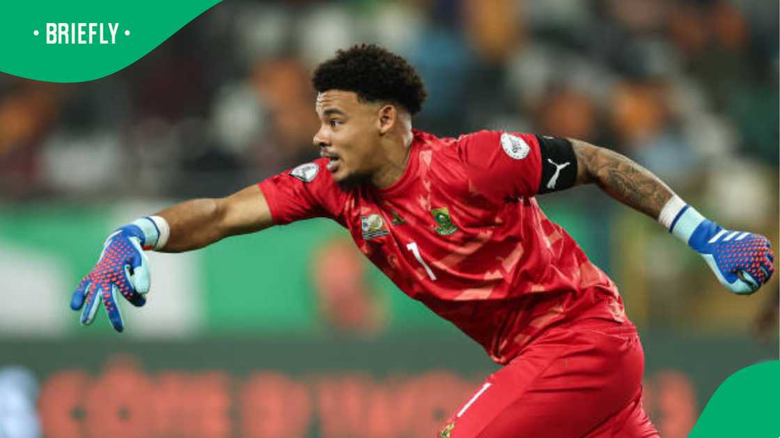 South Africa's goalkeeper Ronwen Williams celebrates after their Africa Cup of Nations 2024 quarter-final win over Cape Verde at Stade Charles Konan Banny, Yamoussoukro, on February 3, 2024.