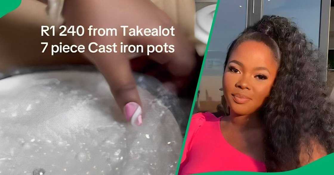 Woman shows off Takealot's R1240 7-piece cast iron pots. Woman shows off Takealot's R1240 7-piece cast iron pots.
