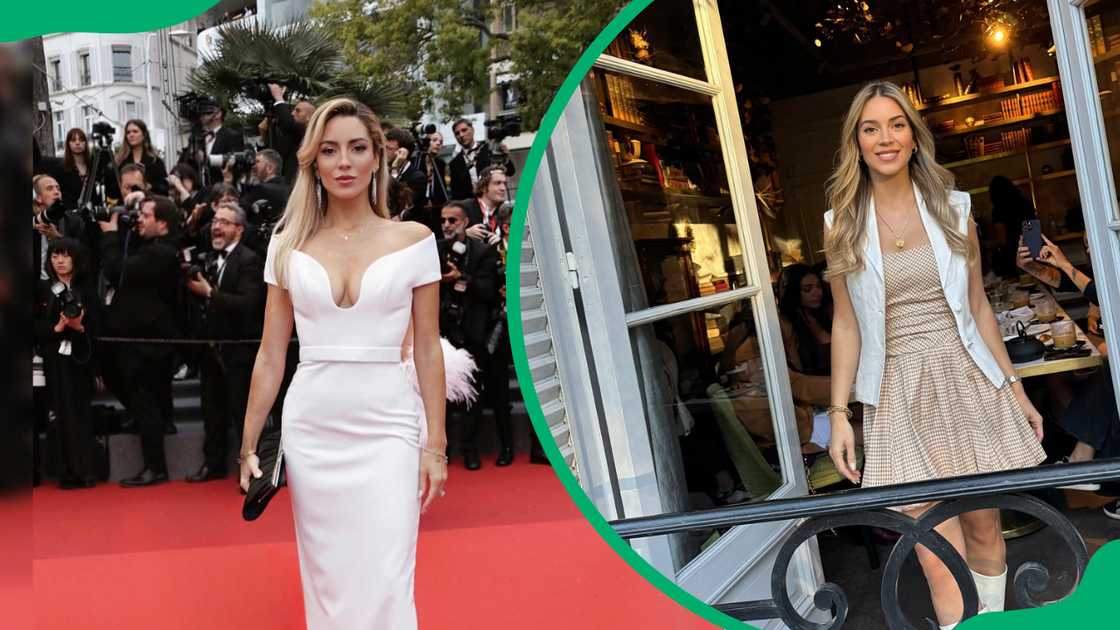 Cristina Invernizzi in a white gown on the red carpet and she smiles in a brown skater dress