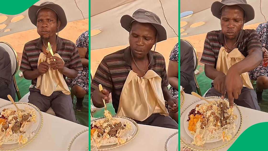 A TikTok video shows a man feasting at a wedding while dancing.