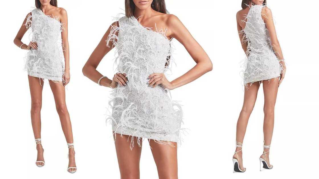 Embellished one-shoulder mini with feather detail Embellished one-shoulder mini with feather detail