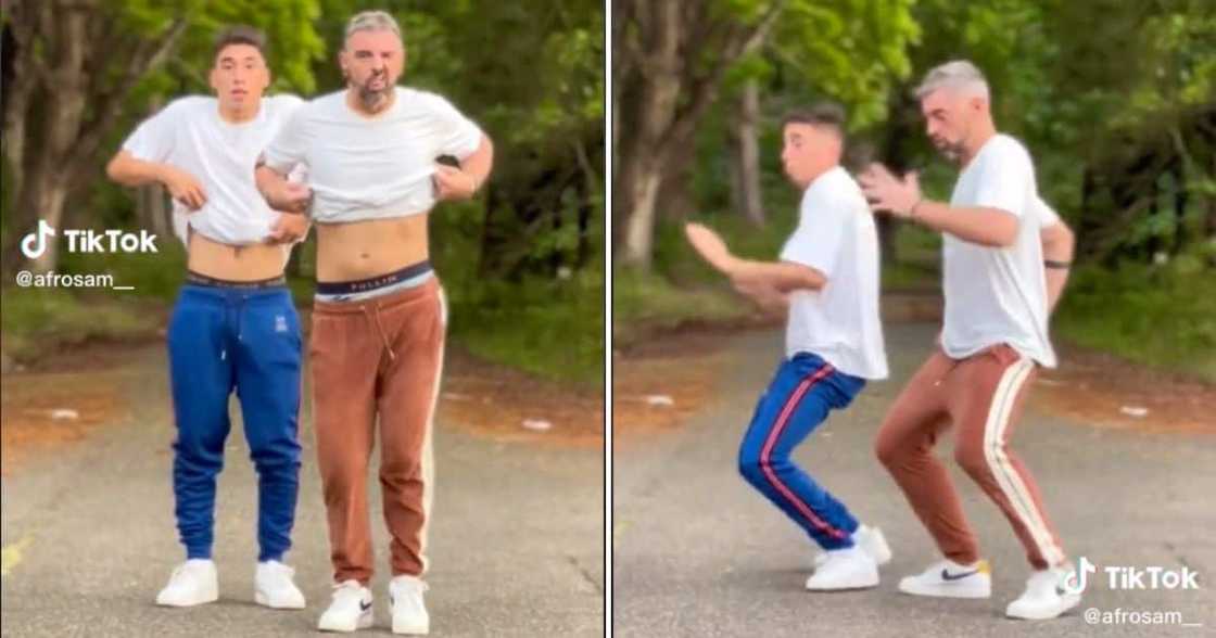 Two white men dance to amapiano