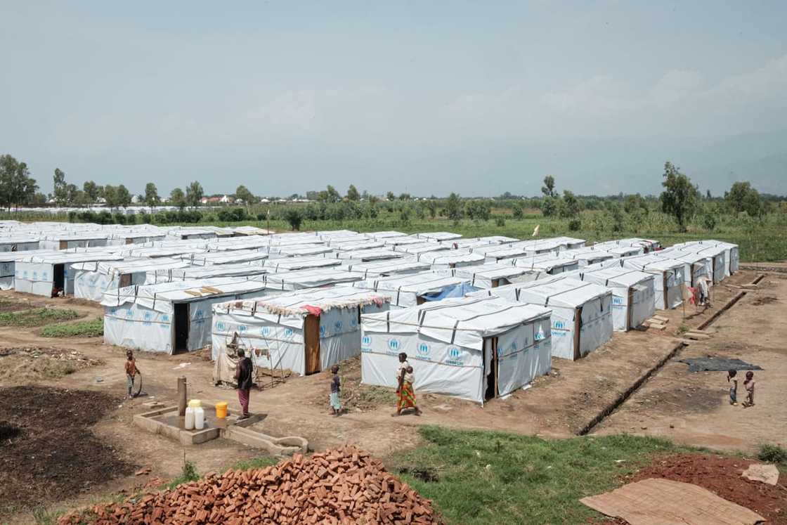 A general view of makeshift shelters for people who have been displaced from their homes A general view of makeshift shelters for people who have been displaced from their homes