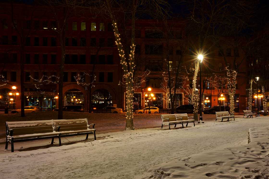 Photo of sand covered benches in the Street