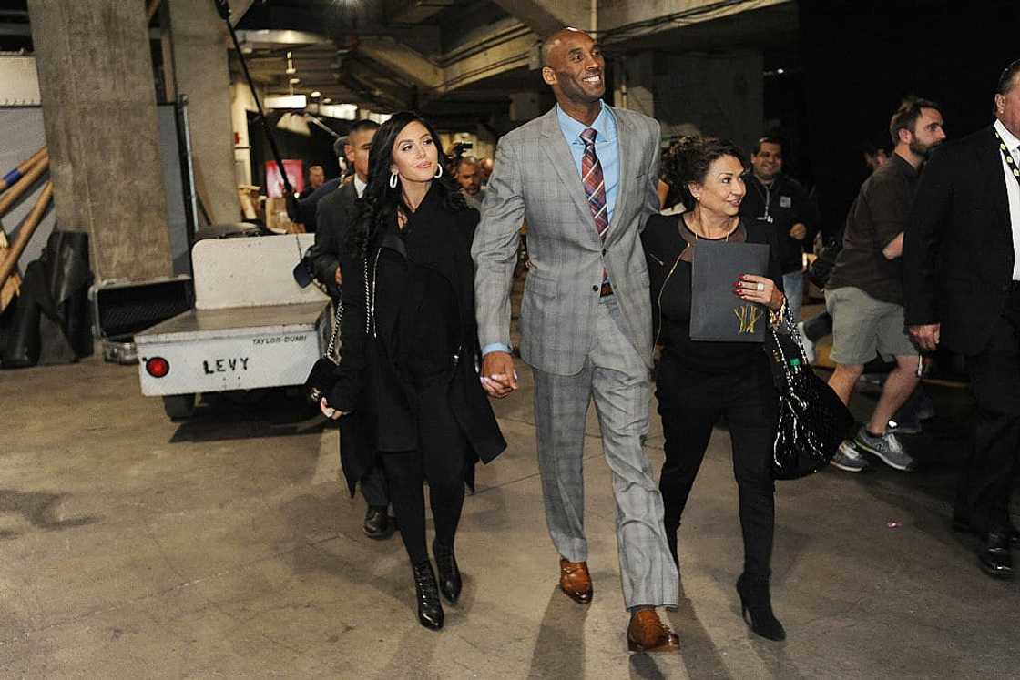 Kobe Bryant with wife Vanessa (left) and mother-in-law Sofia exit the arena after the game against the Indiana Pacers on 29 November 2015 at STAPLES Center.