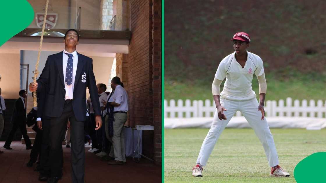 A South African student ringing the bell and playing cricket.