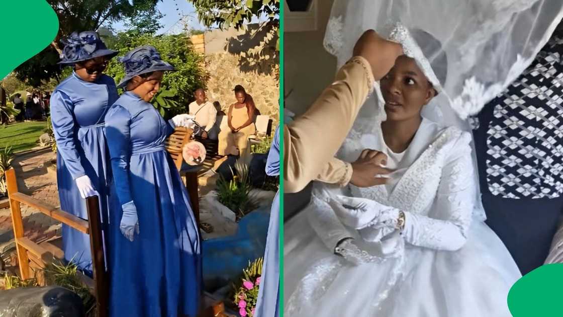 A wedding party wore modest clothing for a bride's special day. A wedding party wore modest clothing for a bride's special day.