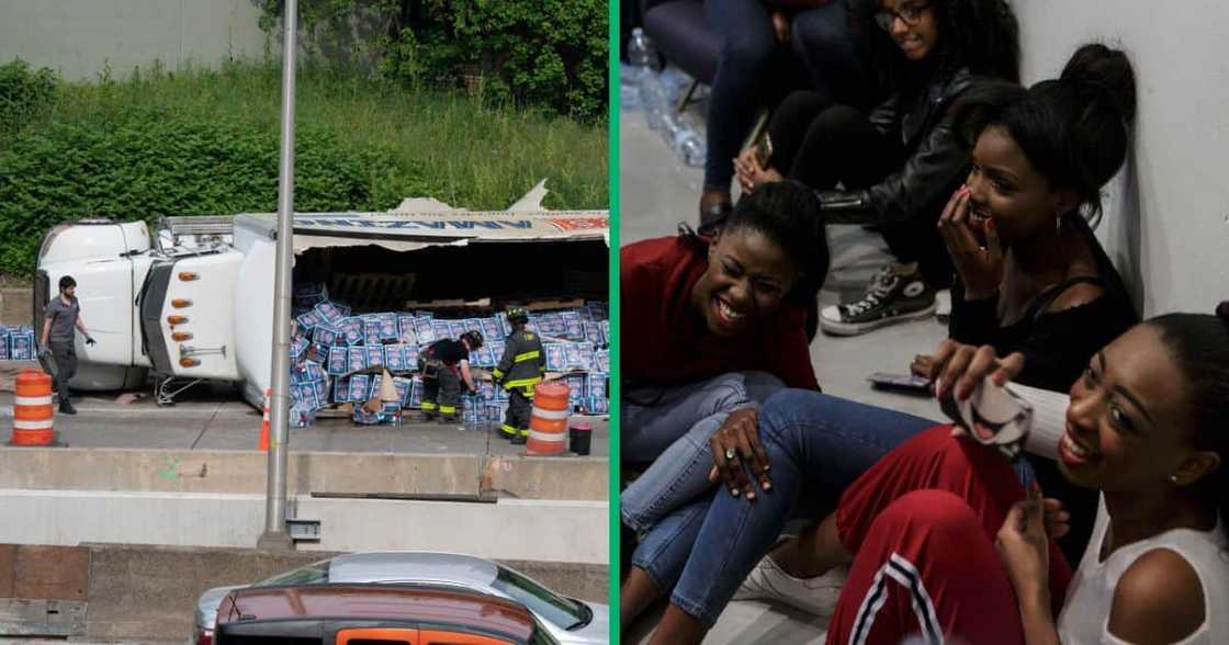 A truck overturned, spilling its items, and a group of women laughing together A truck overturned, spilling its items, and a group of women laughing together