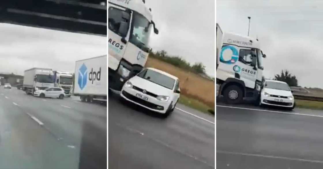 A lorry dragging a polo on the highway left peeps wondering what happened. A lorry dragging a polo on the highway left peeps wondering what happened.