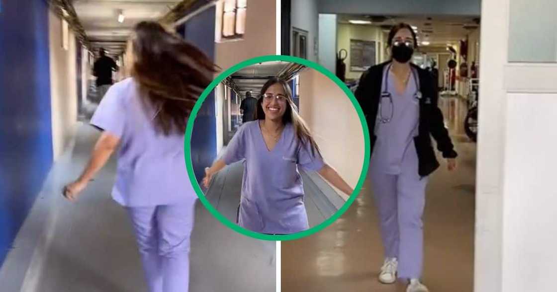 A young woman celebrates after finishing her surgery rotation. A young woman celebrates after finishing her surgery rotation.