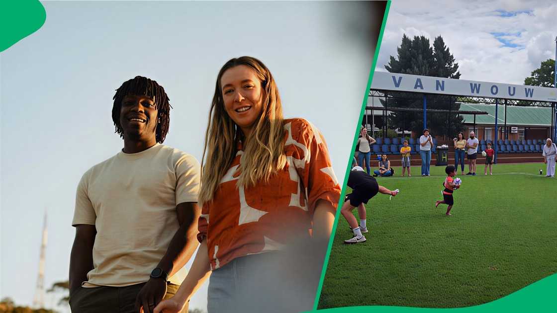 The father could not hold his laughter as the little boy continued to score tries The father could not hold his laughter as the little boy continued to score tries