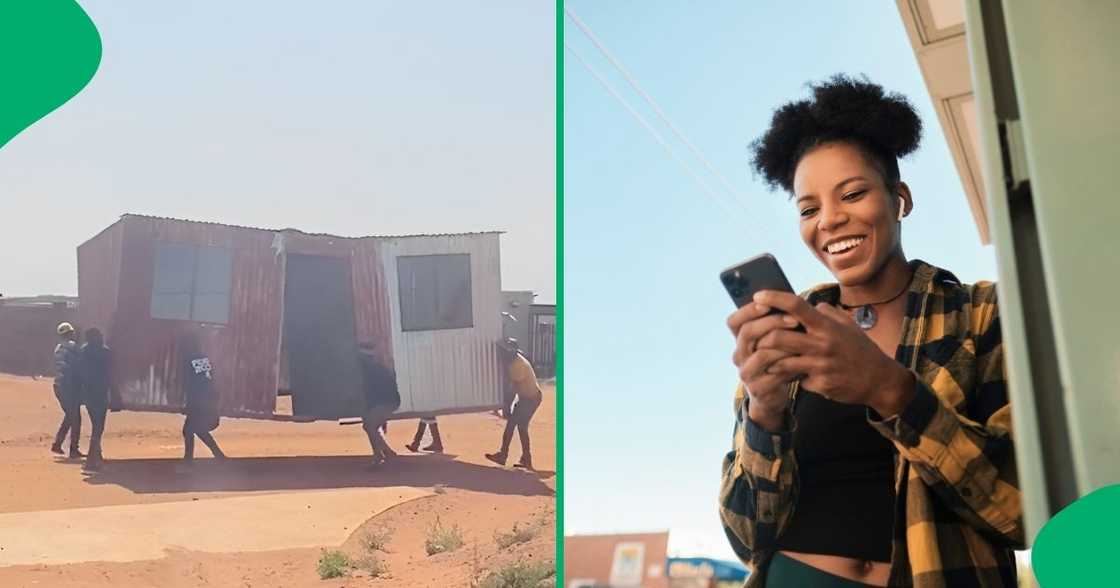 A group of men carrying a shack as it is was captured in a video.