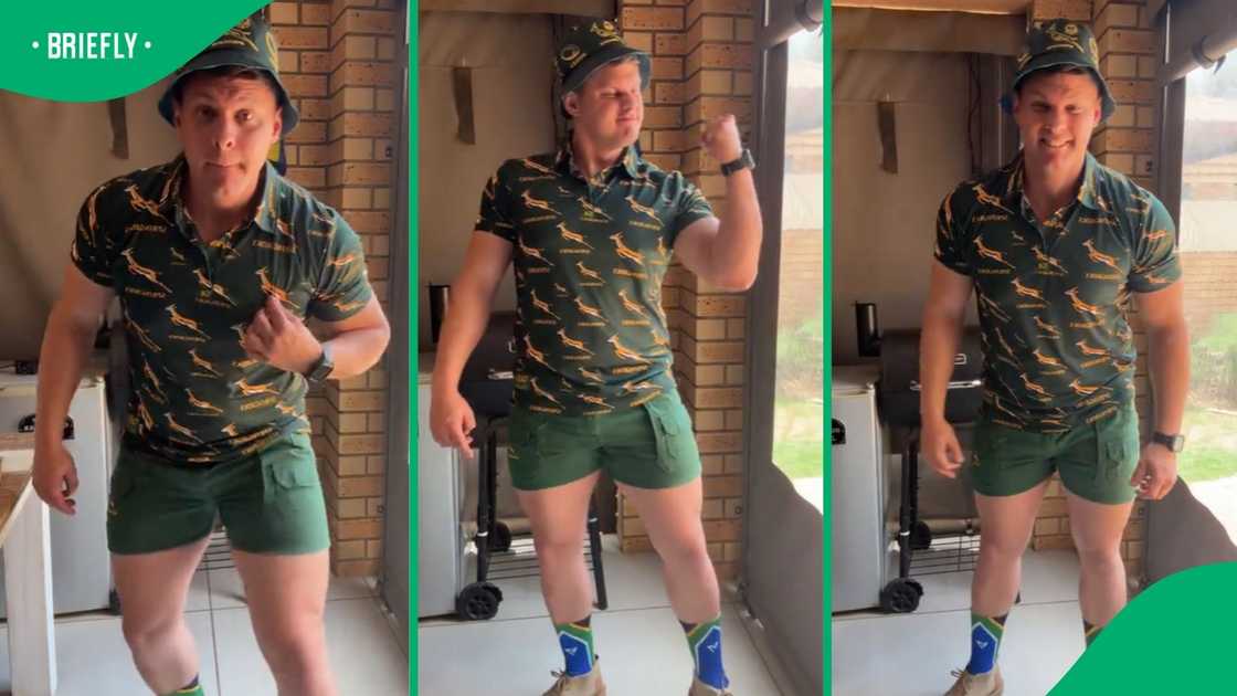 A local man displays his South African pride by dancing to "Hier kom die Bokke" in full SA gear. A local man displays his South African pride by dancing to "Hier kom die Bokke" in full SA gear.