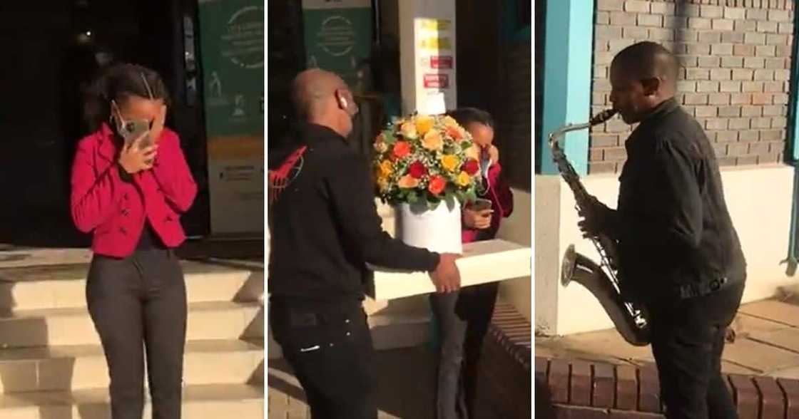 Man Surprises Girlfriend, Flowers, Saxophonist, Work, Birthday Man Surprises Girlfriend, Flowers, Saxophonist, Work, Birthday