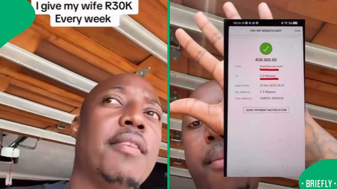 The image on the right showed a bank statement proving he sends his wife R30,000 monthly The image on the right showed a bank statement proving he sends his wife R30,000 monthly
