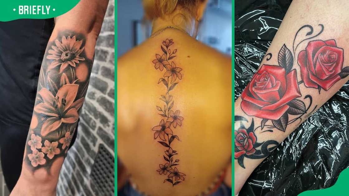 Flower sleeve (L), spine and black leaves (C) and red rose flower tattoos (R) Flower sleeve (L), spine and black leaves (C) and red rose flower tattoos (R)