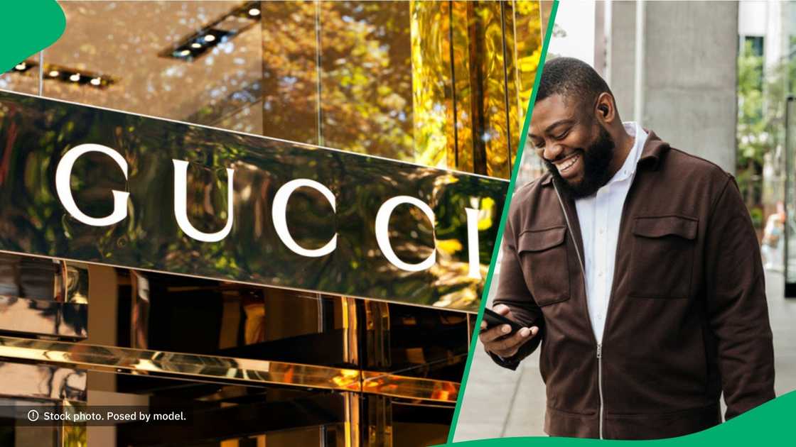 A taxi passenger left South Africans amused with his fake Gucci outfit. A taxi passenger left South Africans amused with his fake Gucci outfit.
