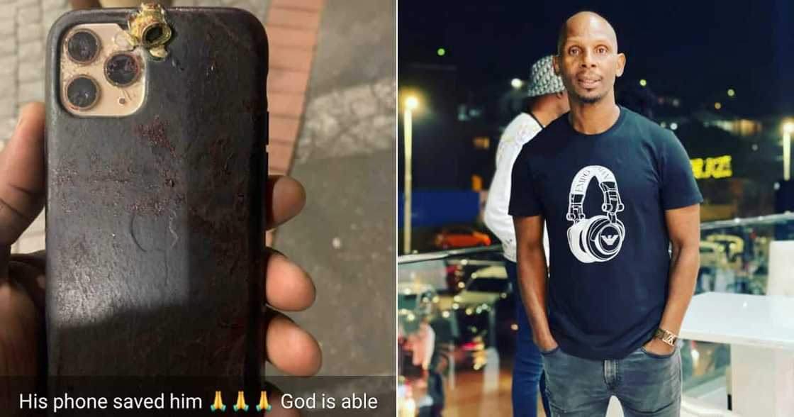The bullet that was meant to kill Maz Mqadi instead got stuck in his phone. Image: @sthabiso_za, @charleskgari. The bullet that was meant to kill Maz Mqadi instead got stuck in his phone. Image: @sthabiso_za, @charleskgari.