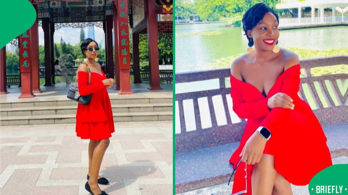 The image on the right captured a woman sitting down, wearing a red dress The image on the right captured a woman sitting down, wearing a red dress