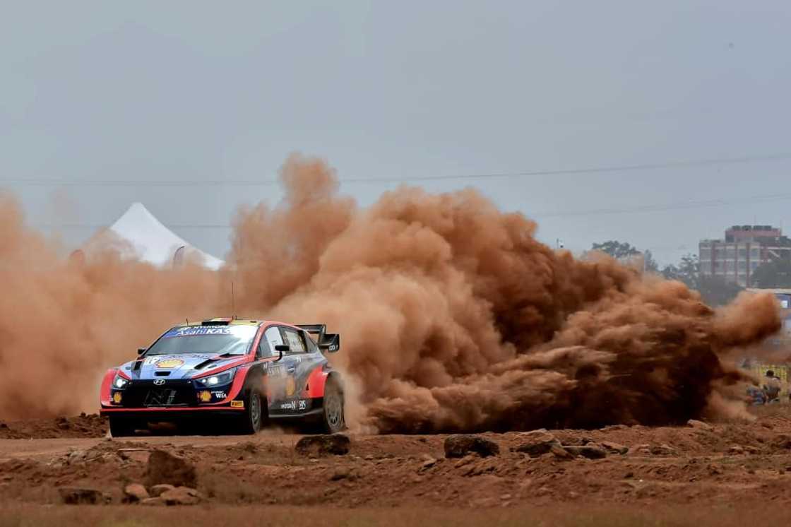 Belgian driver Thierry Neuville kicks up the dirt in his Hyundai on the opening stage of the Safari Rally in Kenya Belgian driver Thierry Neuville kicks up the dirt in his Hyundai on the opening stage of the Safari Rally in Kenya