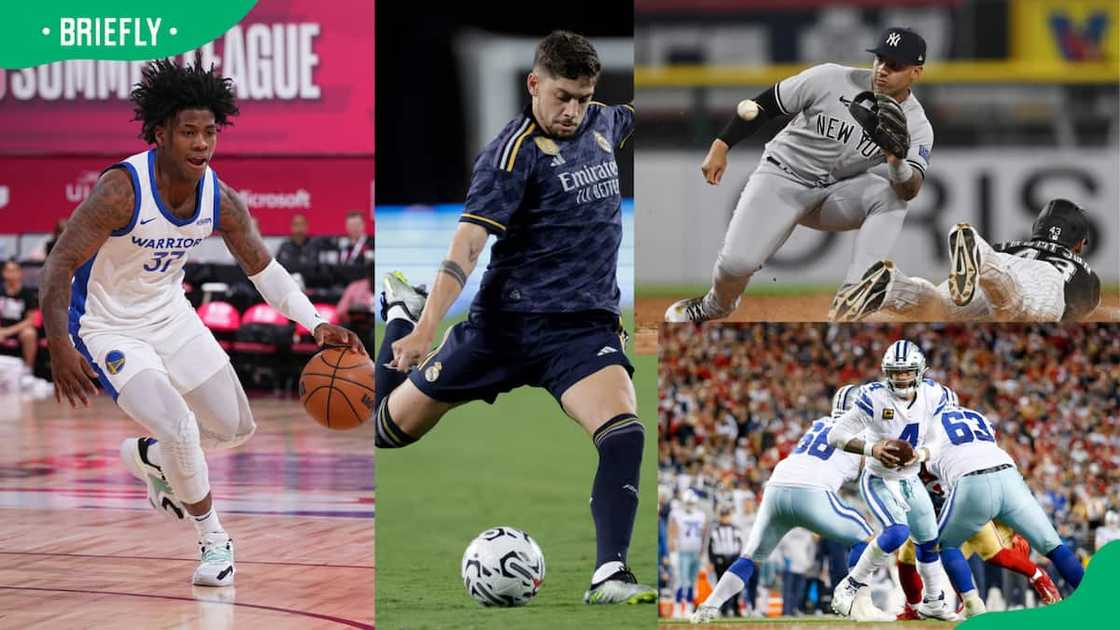 Kendric Davis of the Golden State Warriors, Real Madrid midfielder Federico Valverde, New York Yankees player, and Dallas Cowboys players (left to right). Kendric Davis of the Golden State Warriors, Real Madrid midfielder Federico Valverde, New York Yankees player, and Dallas Cowboys players (left to right).