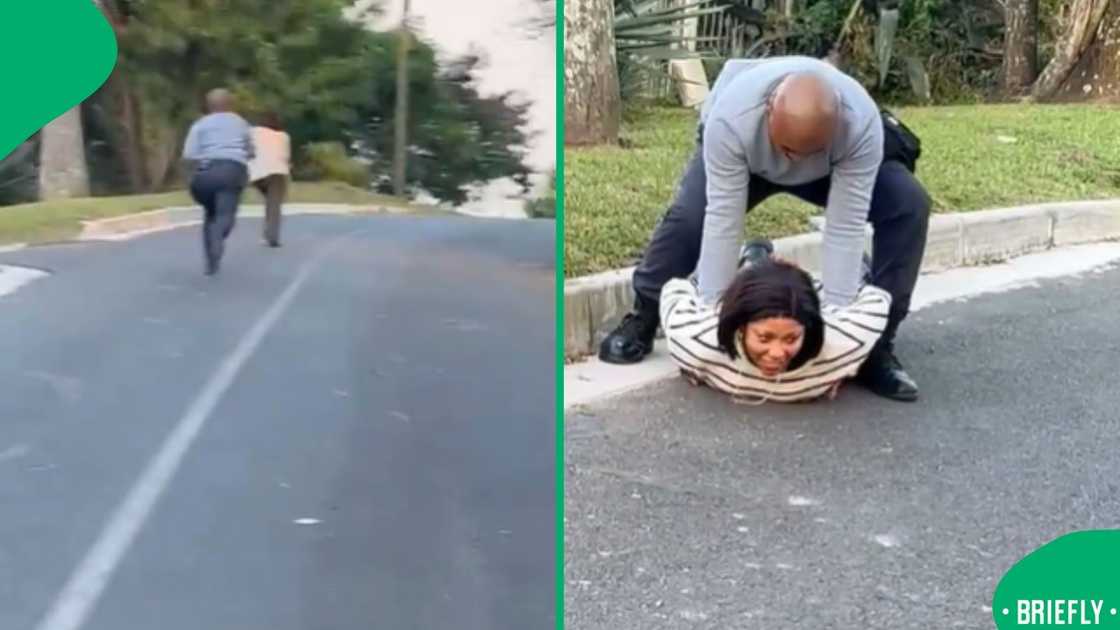 A TikTok video of a SA wife racing her police hubby had Mzansi in stitches, especially after his speedy response A TikTok video of a SA wife racing her police hubby had Mzansi in stitches, especially after his speedy response