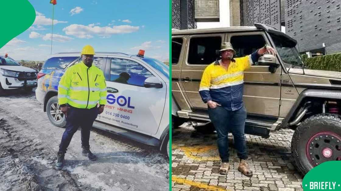 On the right, MySol is dressed casually in a yellow-and-blue work shirt, standing next to a large, luxury off-road vehicle in an urban setting On the right, MySol is dressed casually in a yellow-and-blue work shirt, standing next to a large, luxury off-road vehicle in an urban setting