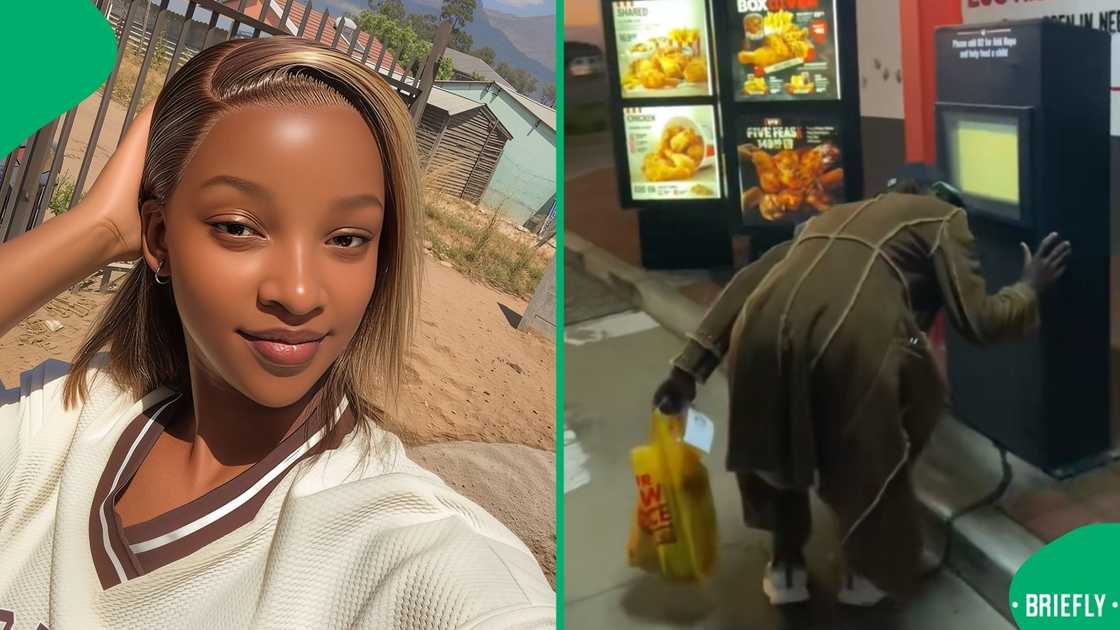 The one friend boldly stood at a drive-thru spot and pretended to be ordering inside a car