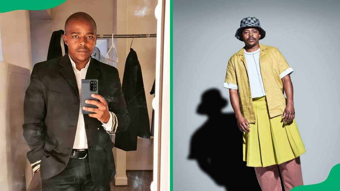 Loyiso MacDonald in a black suit and in a yellow outfit