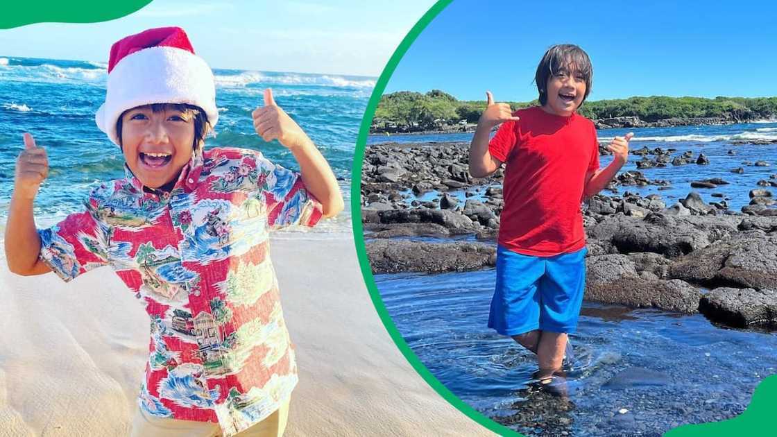 Ryan's World in a colourful shirt and Santa hat (L). Rayn in a red T-shirt and blue shorts (R). Ryan's World in a colourful shirt and Santa hat (L). Rayn in a red T-shirt and blue shorts (R).