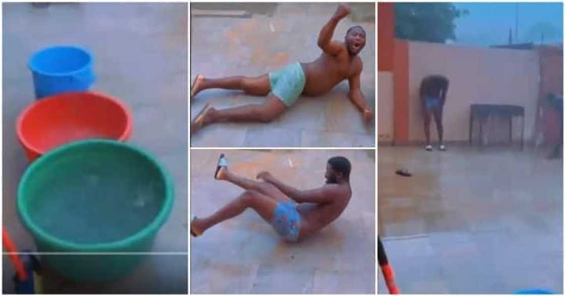 Three men have fun in the rain Three men have fun in the rain