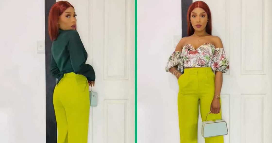 The lady posted a TikTok video where she dressed up a green pants The lady posted a TikTok video where she dressed up a green pants