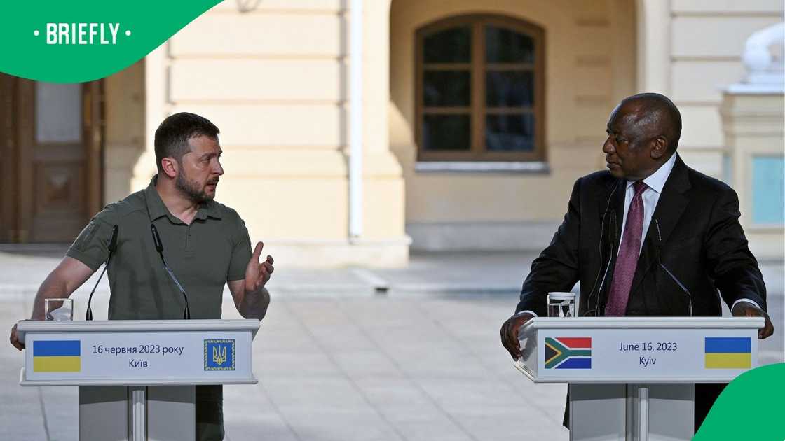 Ukraine's President Volodymyr Zelensky and South Africa's President Cyril Ramaphosa during talks in 2023