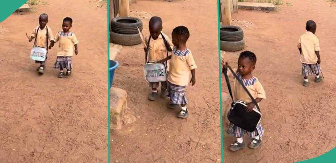 Two kids walk home together after school. Two kids walk home together after school.