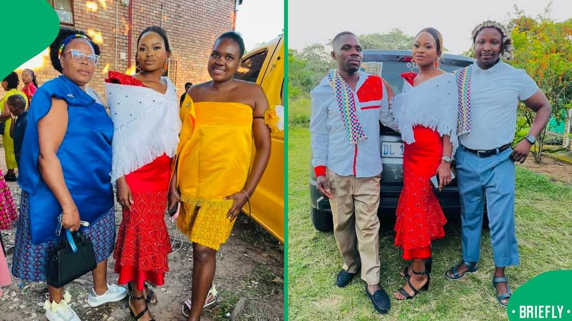 The groom on the right posed with his wife and a relative