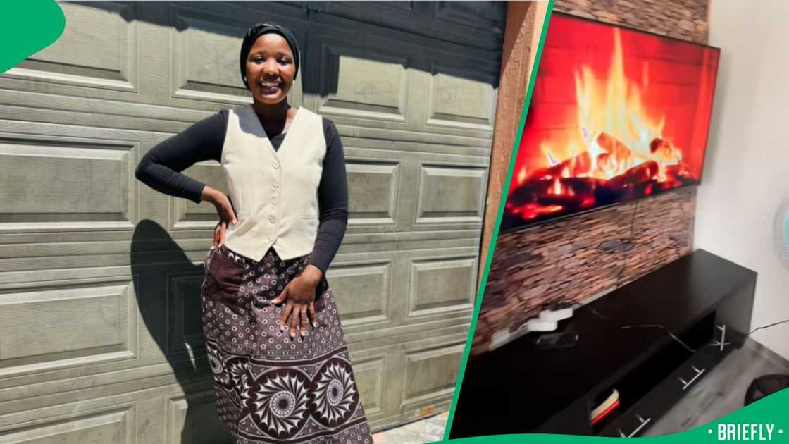 The Cape Town home features a stylish grey L-shaped couch and a modern kitchen unit with silver appliances