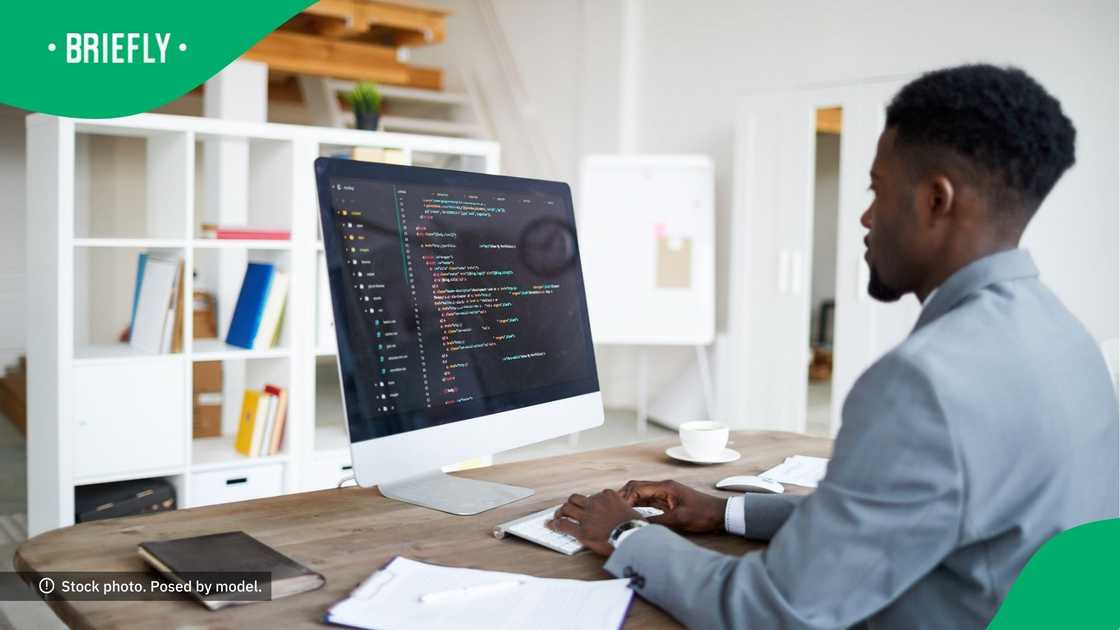 Software developer sitting behind a computer.