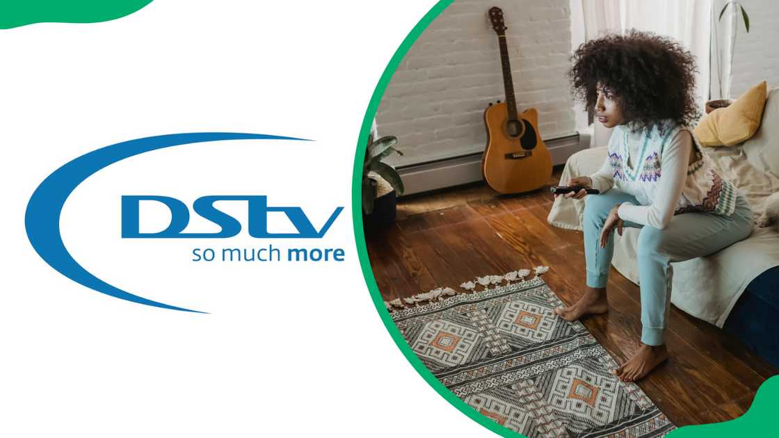 The DStv logo and a woman with afro hair is watching the television in her living room