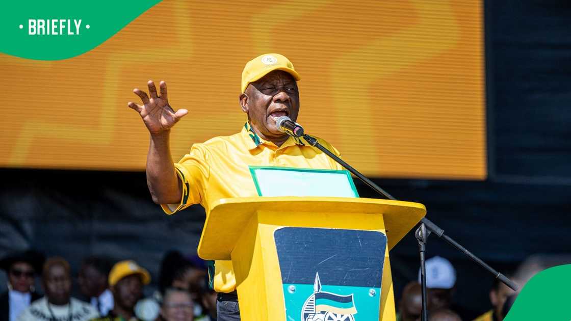 South African President Cyril Ramaphosa addresses supporters during the African National Congress's (ANC) 2026 local government election manifesto launch in Diepsloot near Johannesburg on August 23, 2026