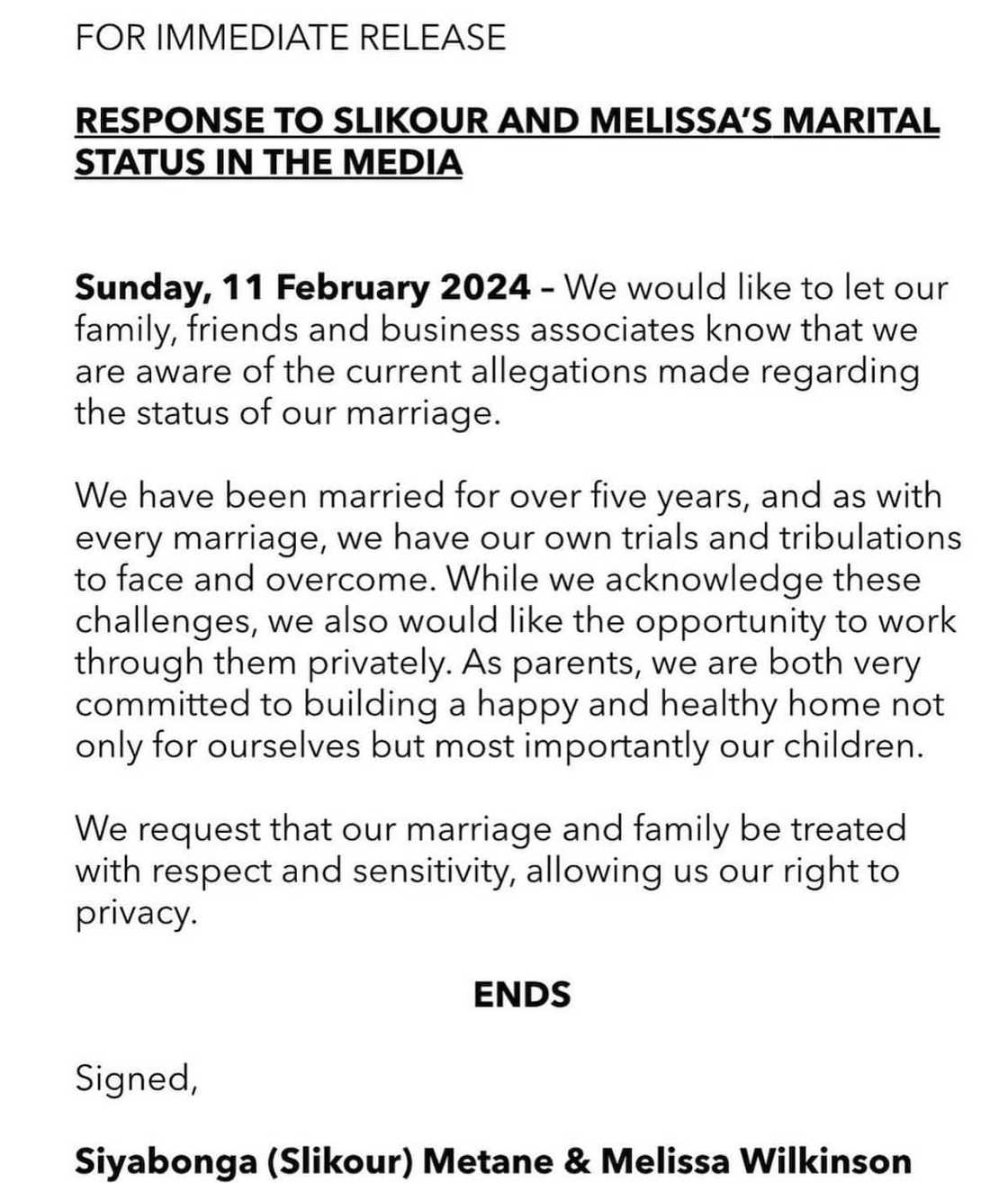 Slikour and Melissa share a statement addressing allegations Slikour and Melissa share a statement addressing allegations