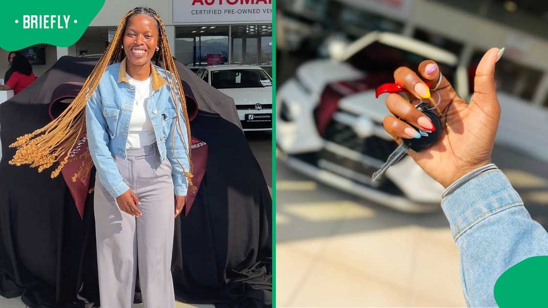 A woman showed the keys to her new car. A woman showed the keys to her new car.