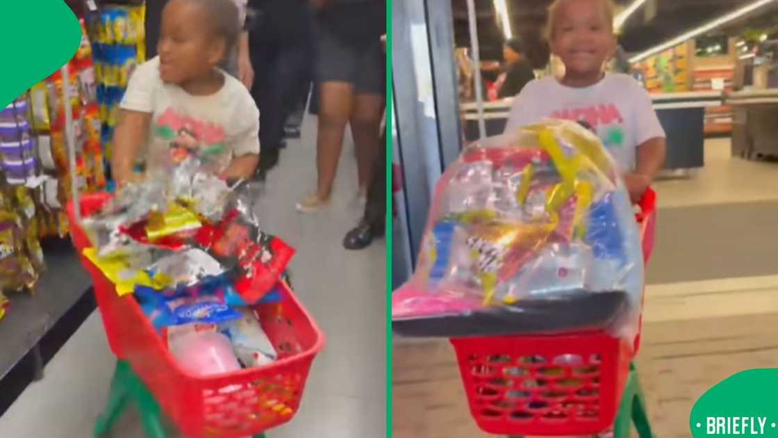 The little girl on the right was walking away with her full cart